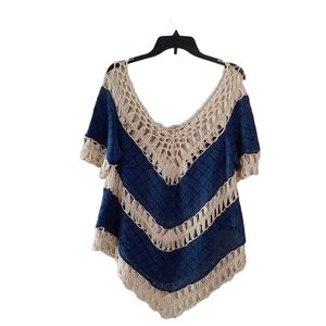 Umgee womens boho crochet casual tunic blue tan V neck top size large